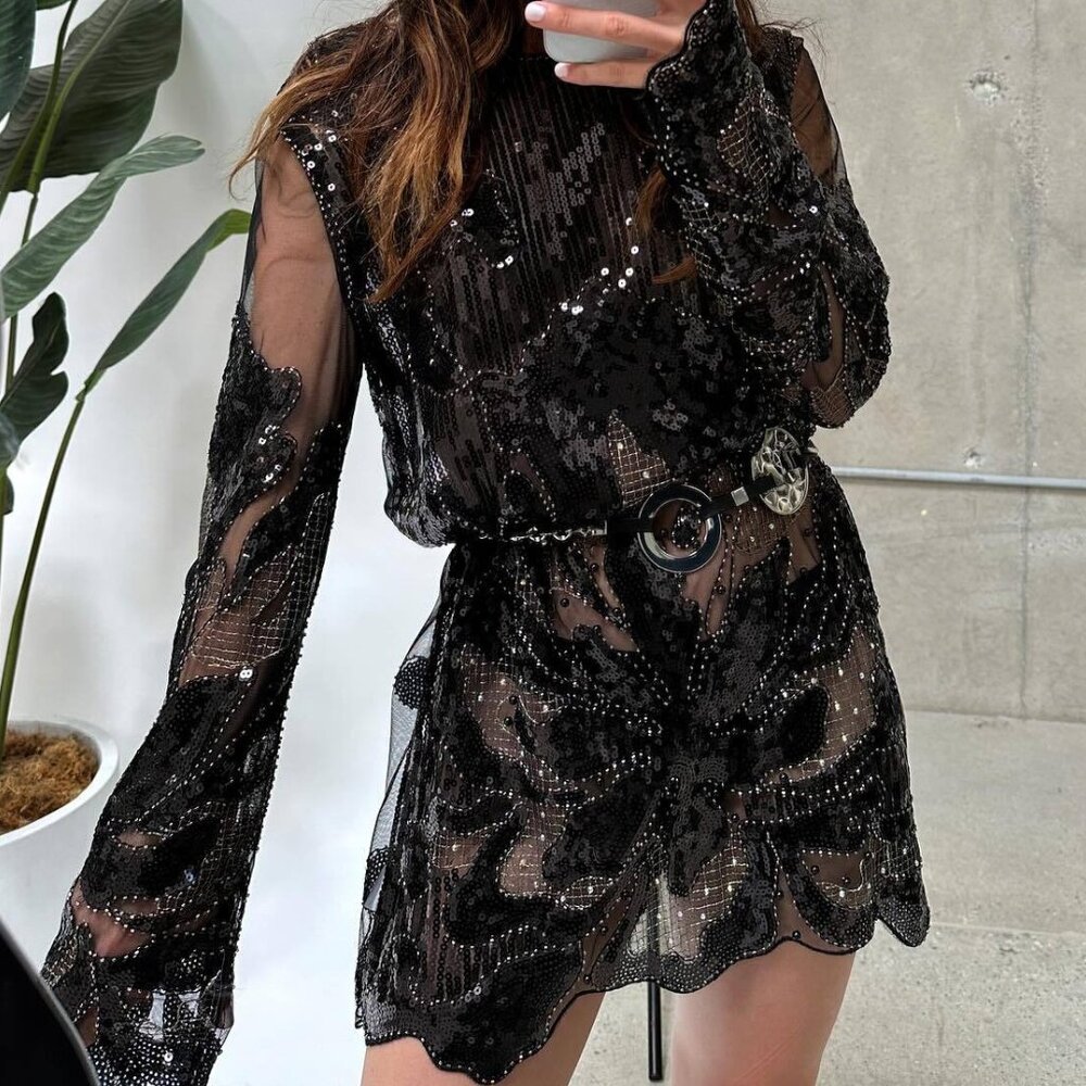 12th Tribe Amber Nights Black Beaded Mini Dress Size S